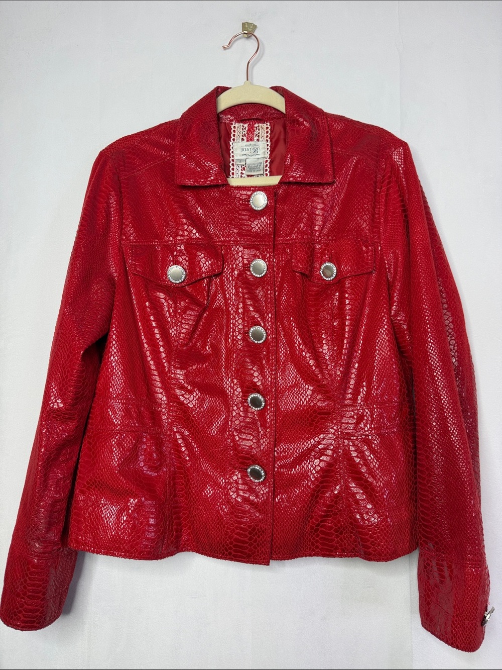Y2k Vintage Just B Red Faux Snakeskin Silver bedazzled Button Jacket